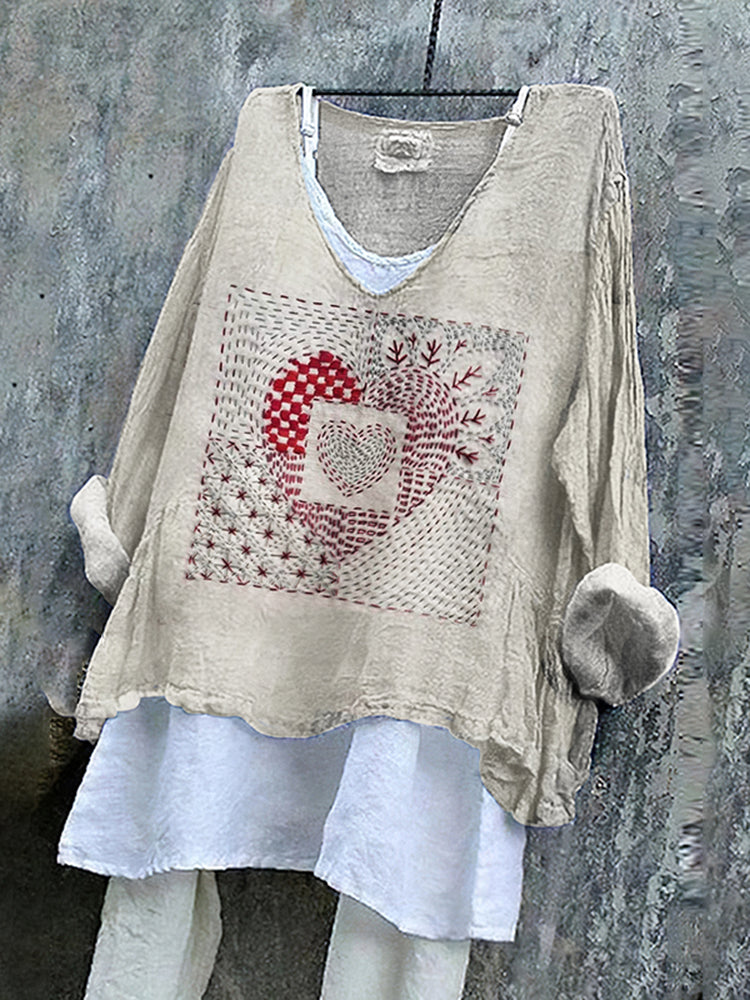 Women's Geometric Heart Embroidery Linen Blend Shirt