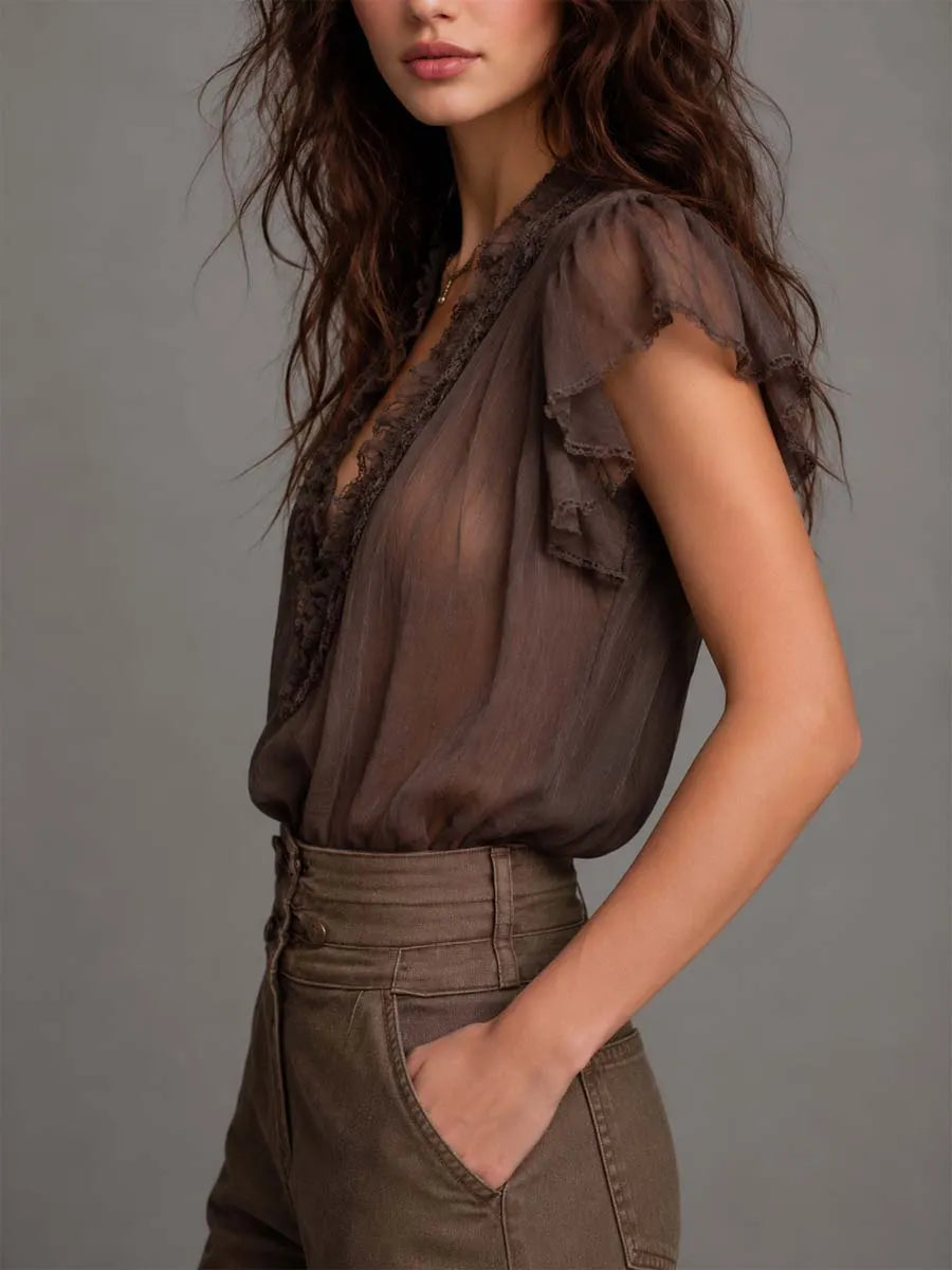 Mocha Brown Crinkled Chiffon Lace-Trimmed Flutter Sleeve Blouse