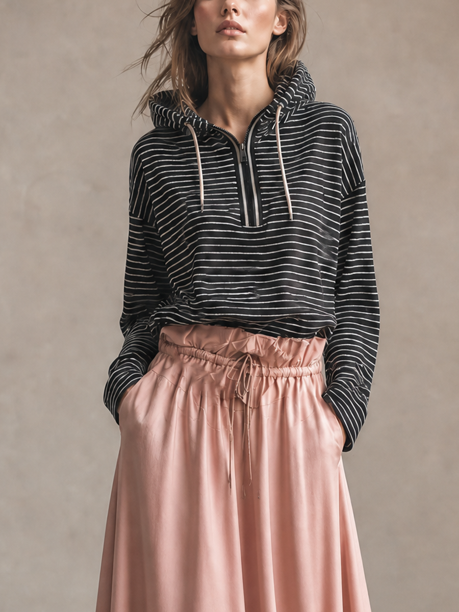 Women's Black White Striped Half Zip Hooded Long Sleeve Loose Top Dusty Pink Drawstring High Waist Side Pocket Flowy Maxi Skirt Two Piece Set MDZ2179G4YZJ