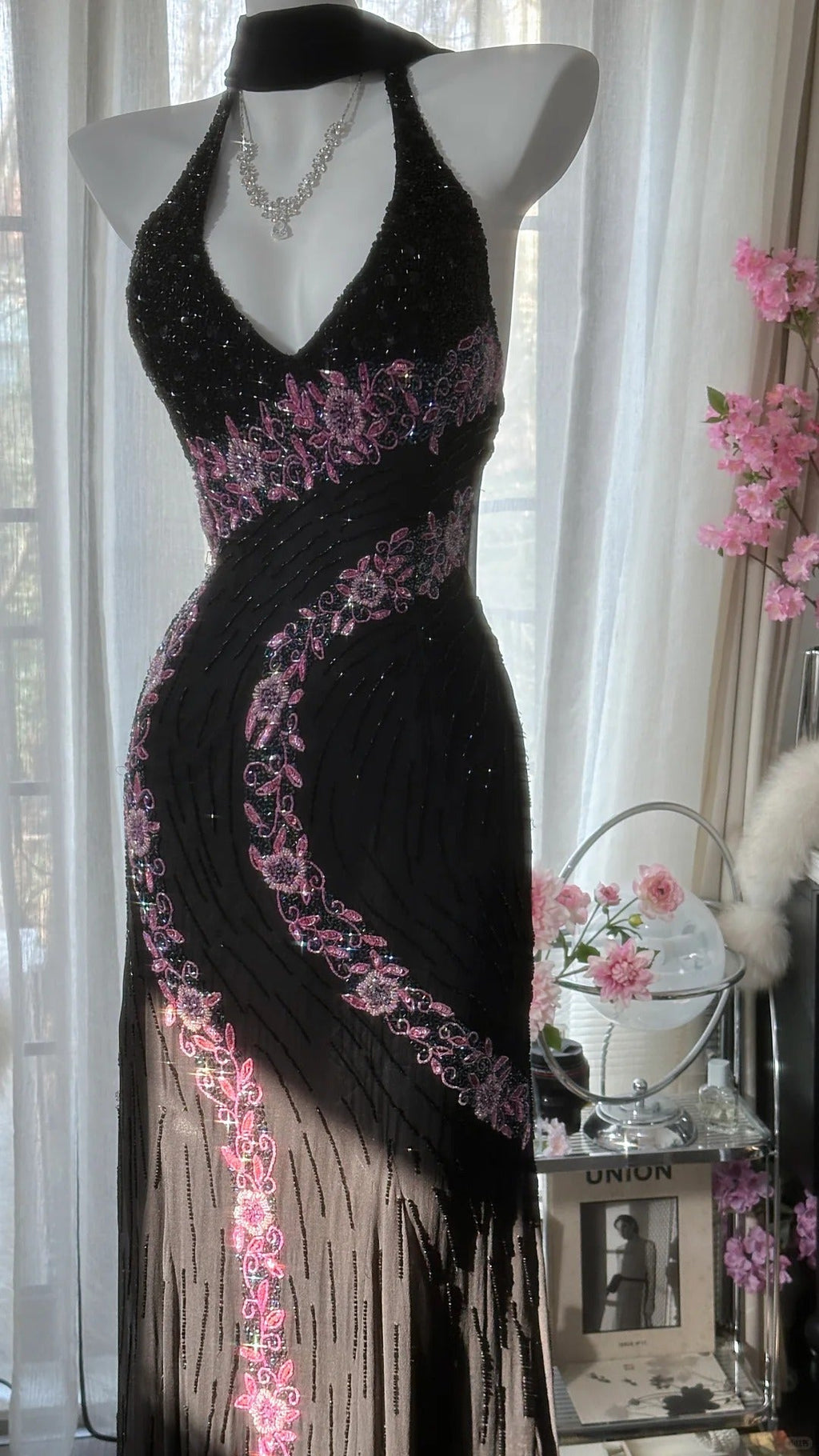 Black Shiny Vintage Elegant Romantic Delicate Pink Floral Beading Long Chiffon Homecoming Ball Gown Evening Dress Birthday/Wedding Guest/Holiday Party Dress Prom Dress