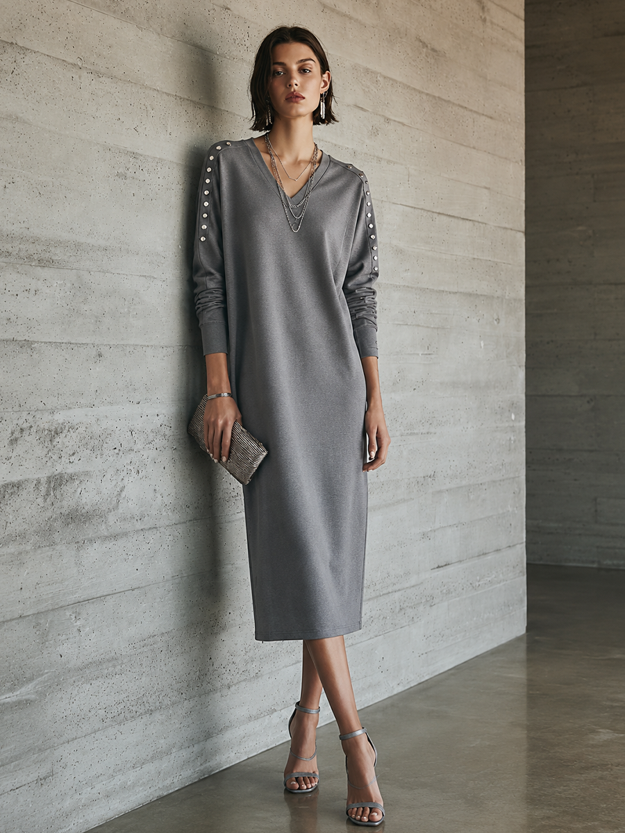 Women's Casual Chic Heather Gray Knit Cotton Blend V-Neck Studded Shoulder Loose Midi Dress MDZ1609G8GMJ