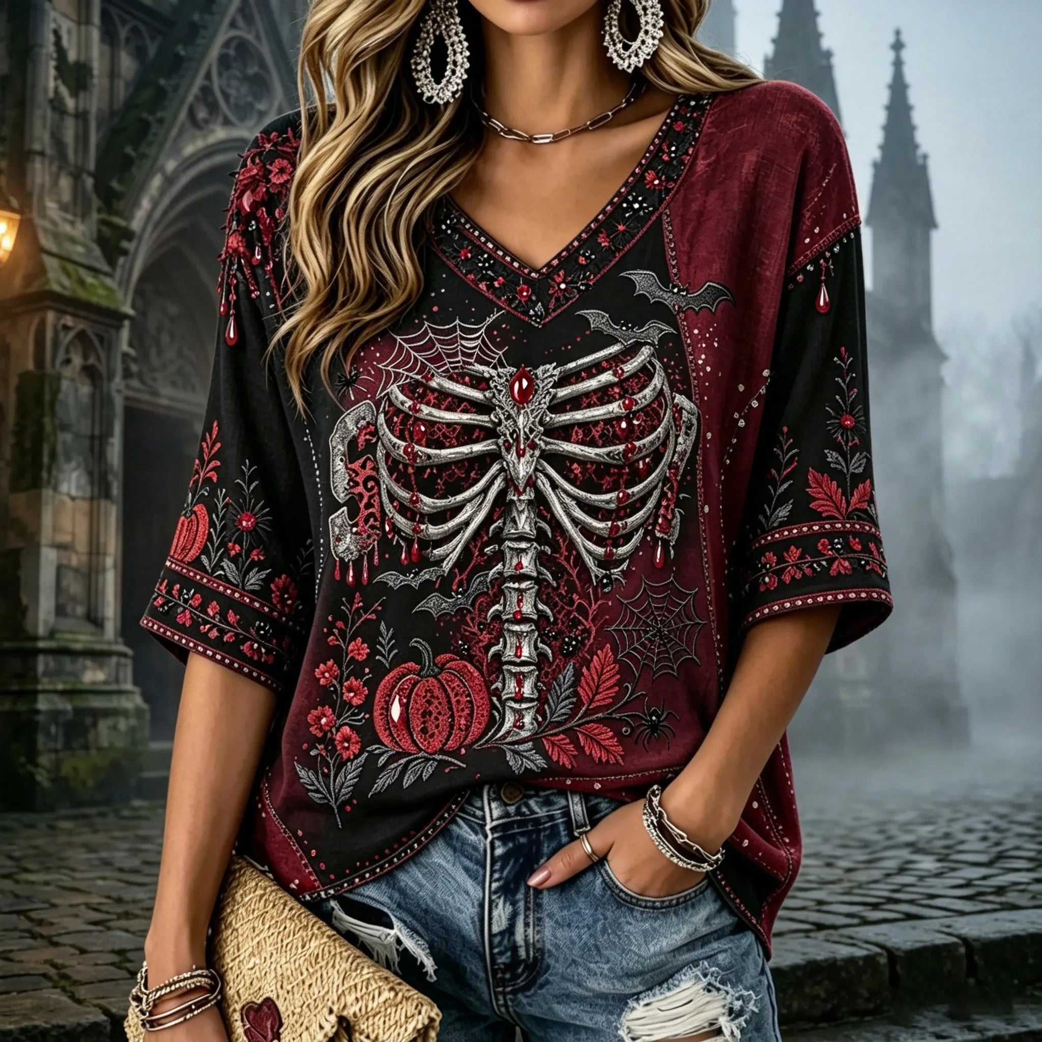 Women's Halloween Floral Skull Pumpkin Bat Patchwork V-neck Cotton Linen Top