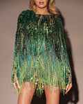Women's Round Neck Long Sleeve Tassel Mini Dress