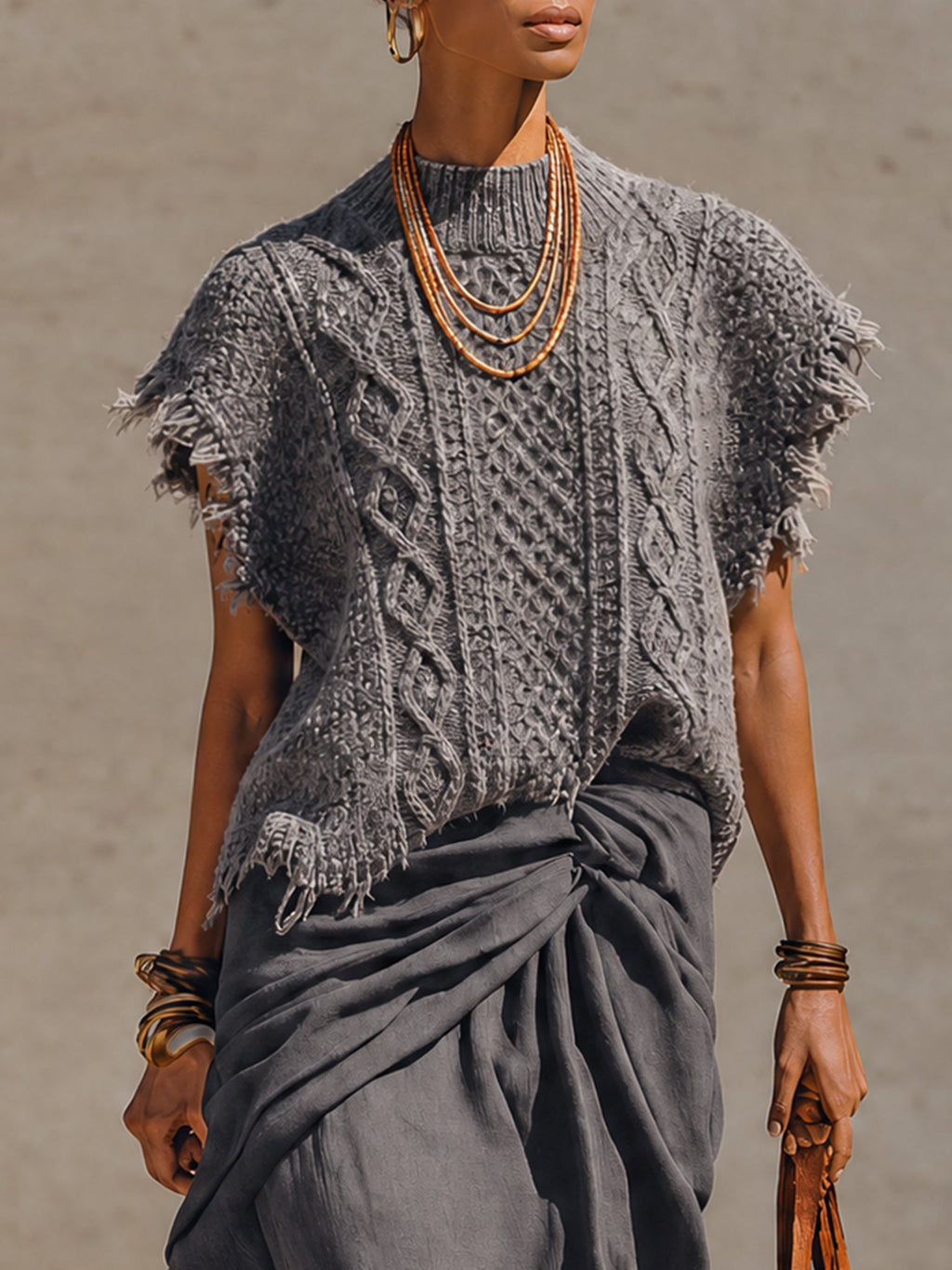 Gray Brushed Sleeveless Top And Linen Draped Skirt Set