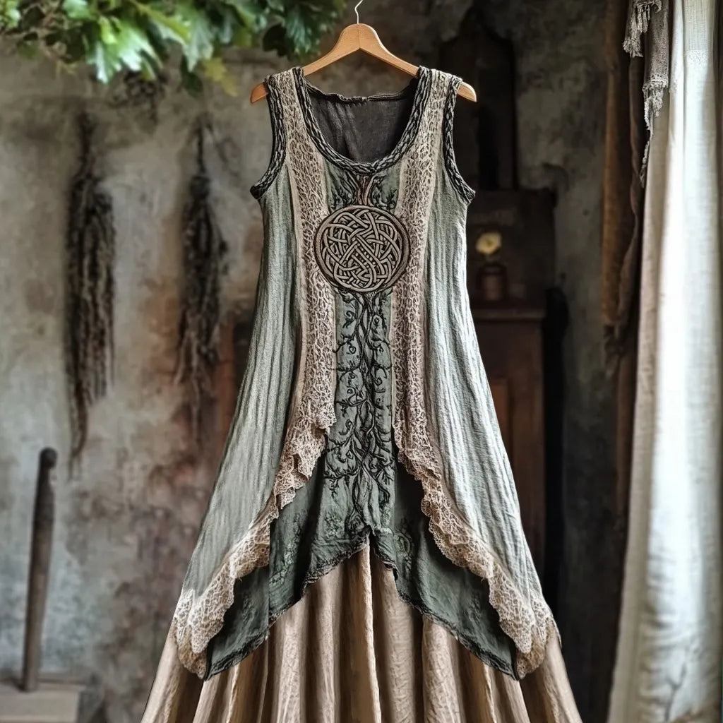 Tribal Celtic Knot Plant Embroidery Lace Patchwork Art Linen Tank Dress