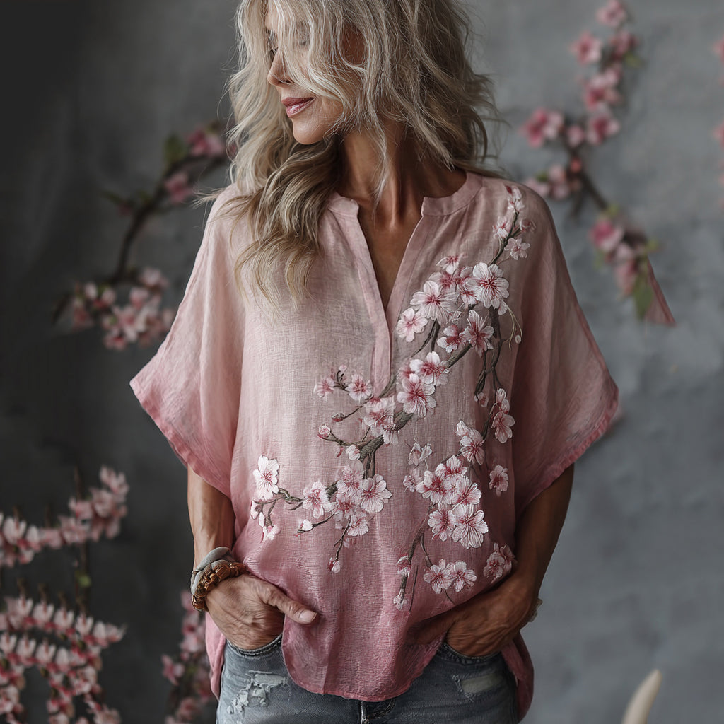 Vintage Sakura Flower Embroidered Short Sleeve Linen Shirt