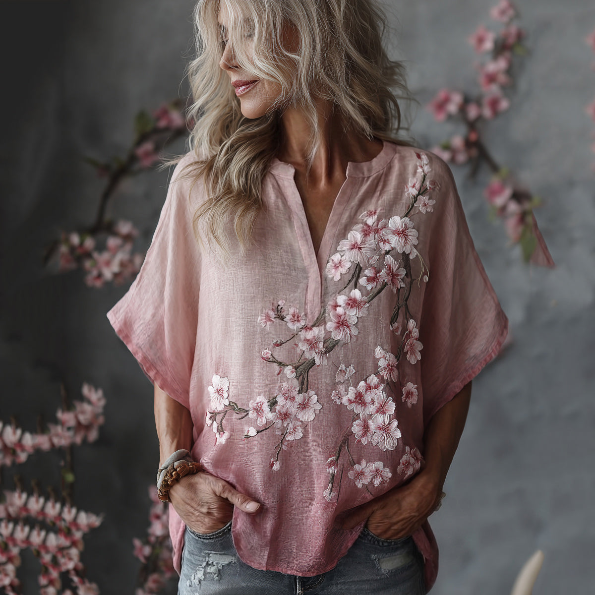 Vintage Sakura Flower Embroidered Short Sleeve Linen Shirt