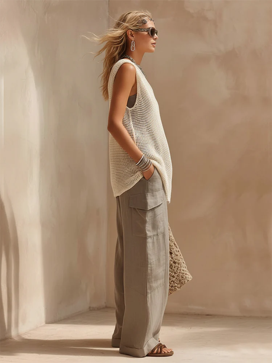 Casual Cargo Pockets Cotton-linen Wide-leg Pants