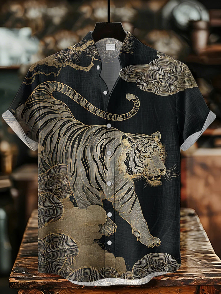 Men's Vintage Tiger Japanese Art Print Casual Shirt