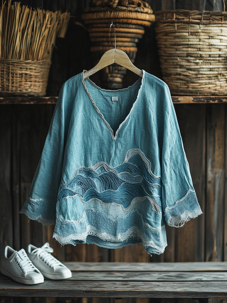 Vintage Waves Embroidery Japanese Art Linen Blend Cozy Tunic