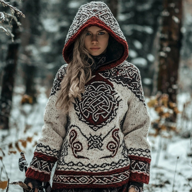 Viking Inspired Embroidered Cozy Chunky Hooded Sweater