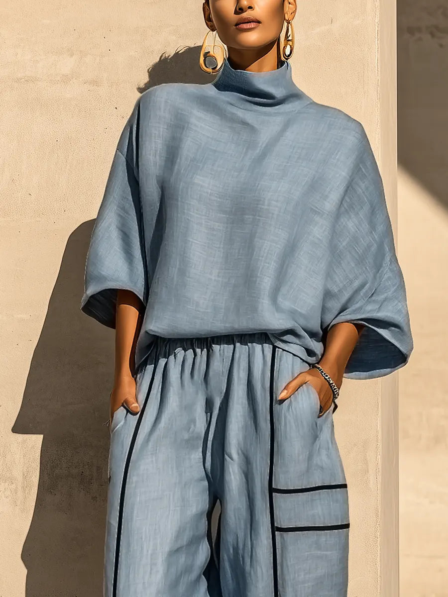 Women's Dusty Blue Linen Turtleneck Three Quarter Sleeve Top Contrast Stripe Drawstring Wide Leg Pants Two Piece Set MDZ0964G5YZJ