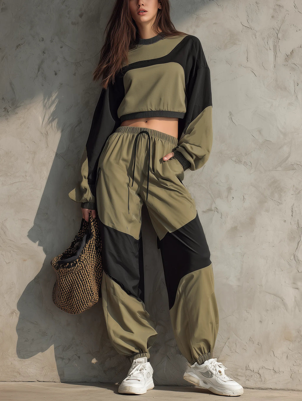 Women's Casual Long-sleeve Woven Top And Pants Tracksuit Featuring Dark Green And Black Color-blocking MDZ2116G9LXY