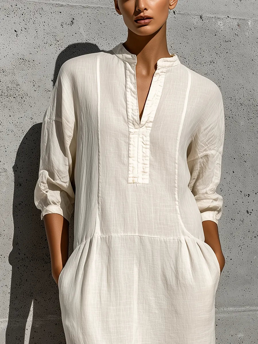 Women's Off White Cotton-linen Blend Stand Collar Split Neck Three Quarter Sleeve Pocket Midi Dress MDZ0815G3YZJ