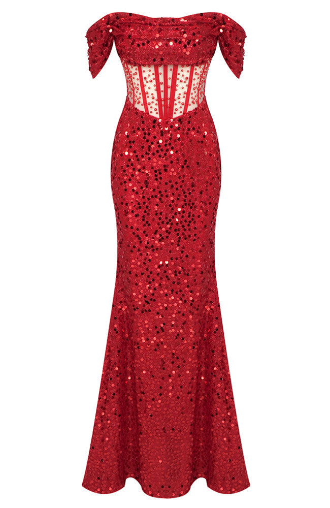 Bardot Draped Corset Sequin Maxi Dress Red