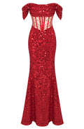 Bardot Draped Corset Sequin Maxi Dress Red