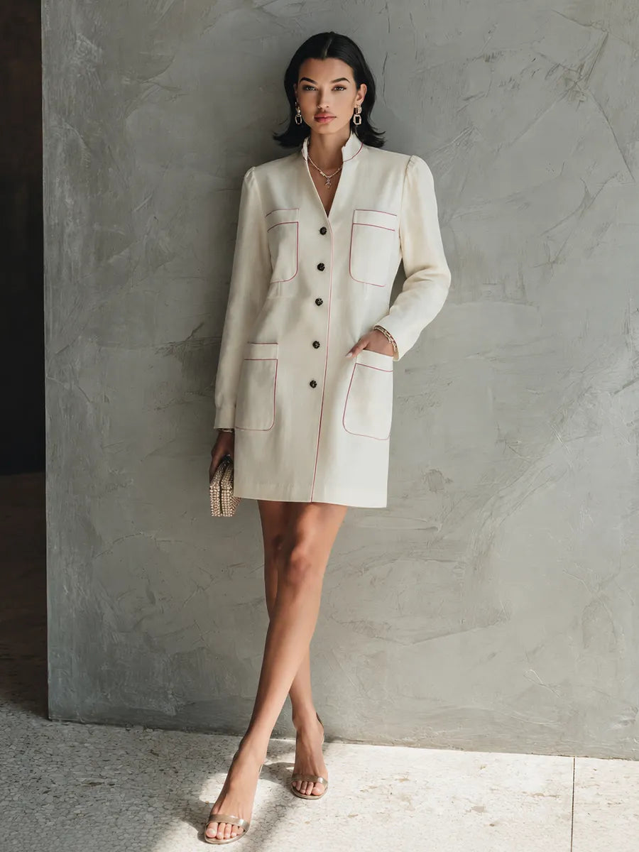 Women's Minimal Commuter Off White Cotton Blend Stand Collar Single Button Contrast Stitch Mini Shirt Dress MDZ1575G5GMJ