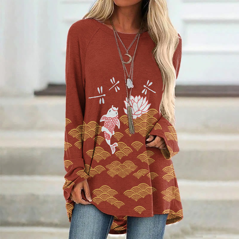 Japanese Koi Dragonfly Wave Art Print Casual Tunic