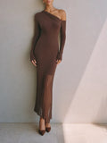 Women's Elegant Chocolate Brown Asymmetric One-Shoulder Ribbed Knit Pleated Maxi Dress MDZ1603G9ZSQ