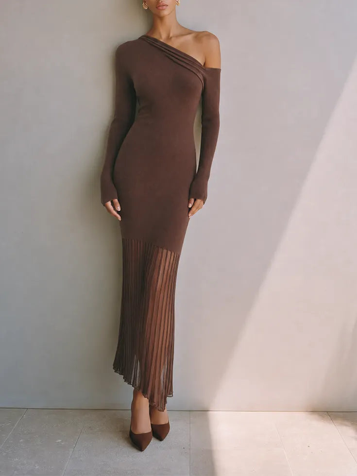 Women's Elegant Chocolate Brown Asymmetric One-Shoulder Ribbed Knit Pleated Maxi Dress MDZ1603G9ZSQ