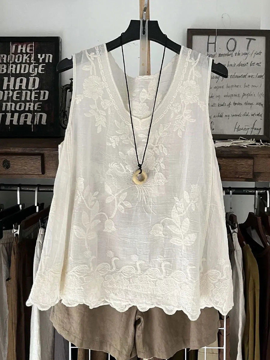 Women's  Vintage Lace Sleeveless Cotton and Linen Vest Top