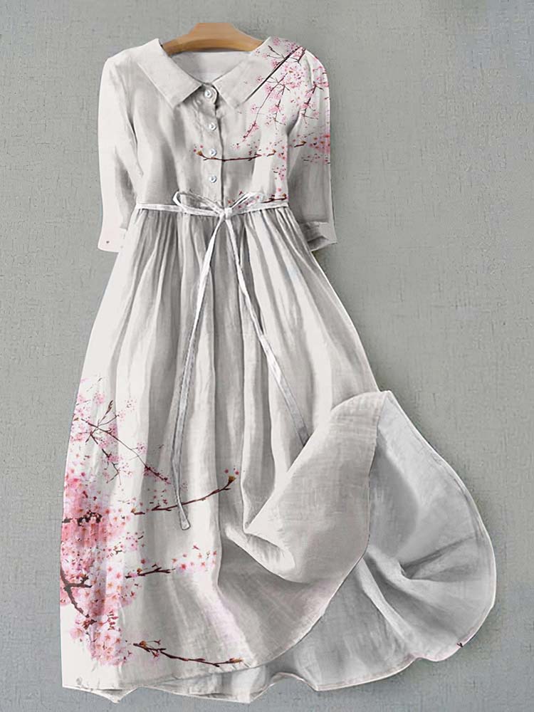 Retro Sakura Bloom Graphics Print Lace-Up Dress