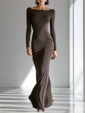 Women's Chocolate Brown Figure-Hugging Jersey Gown With Wide Boat Neck & Vertical Contour Seams, Contemporary Versatile Cocktail Floor Length Dress MDZ2653F0LYL