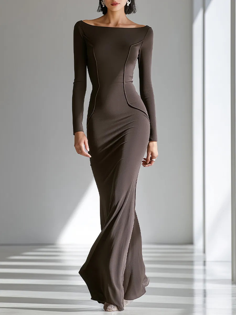 Women's Chocolate Brown Figure-Hugging Jersey Gown With Wide Boat Neck & Vertical Contour Seams, Contemporary Versatile Cocktail Floor Length Dress MDZ2653F0LYL