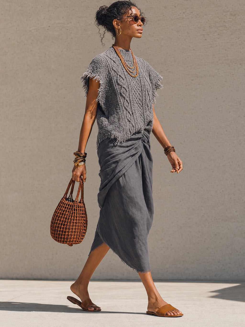 Gray Brushed Sleeveless Top And Linen Draped Skirt Set