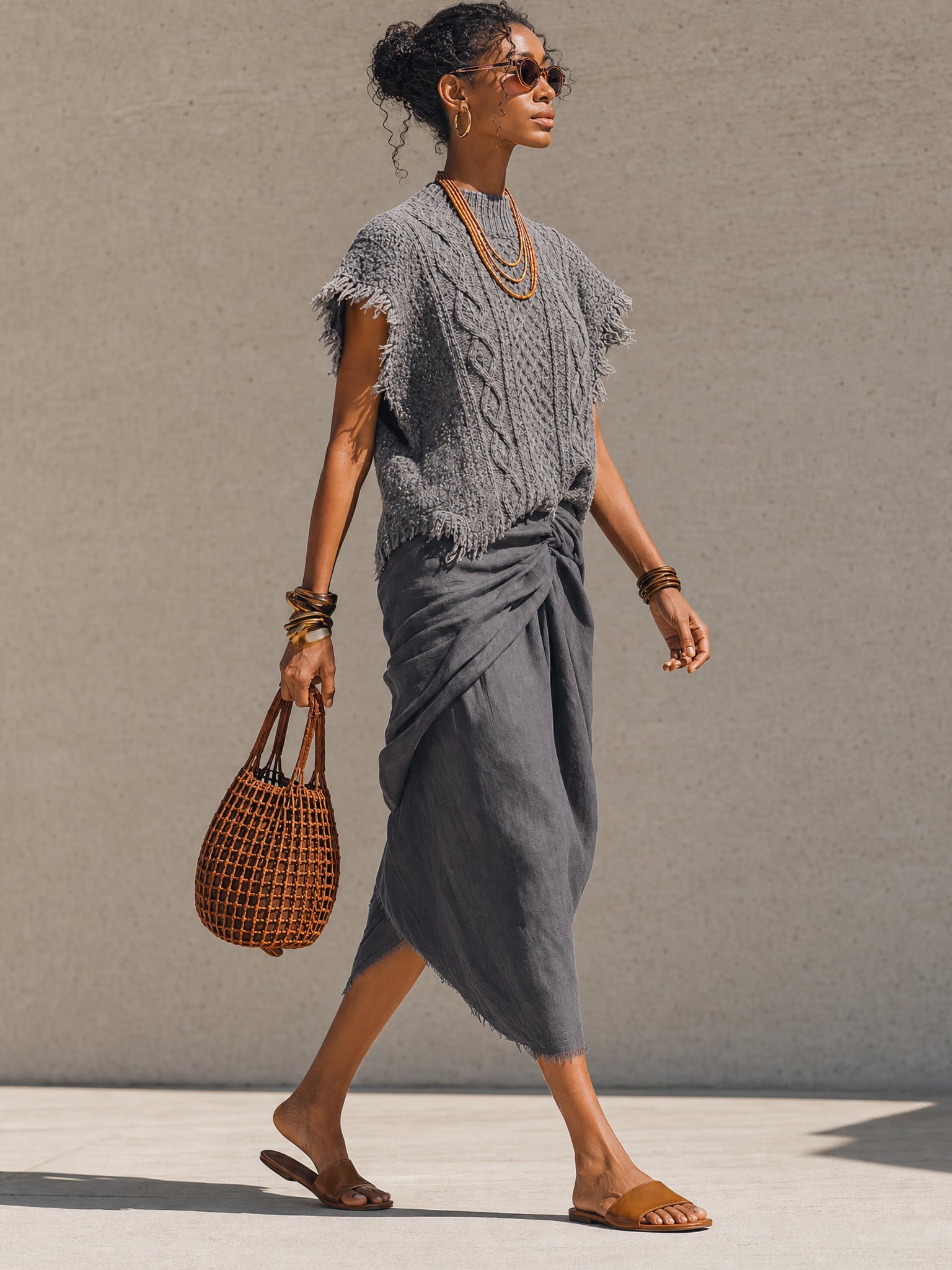 Gray Brushed Sleeveless Top And Linen Draped Skirt Set