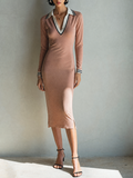 Women's Pink Cotton Blend Contrast Striped Collar Long Sleeve Bodycon Midi Dress MDZ2192G3ZRK