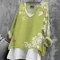 Women's Japanese Floral Art Print V-neck T-shirt