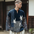 Japanese Floral And Crane Art Print Casual Linen Shirt