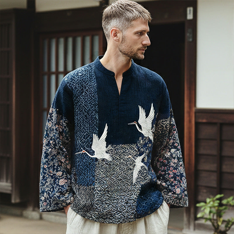 Japanese Floral And Crane Art Print Casual Linen Shirt