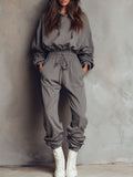 Loose Grey Hooded Long-sleeved Elastic Waist Sports Jumpsuit
