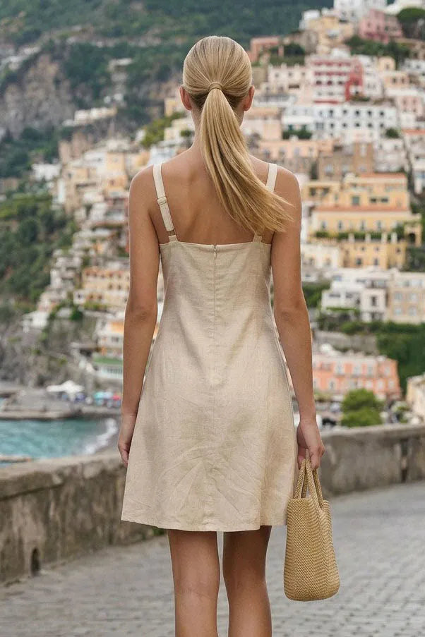 WAIST APPLIQUE LINEN DRESS