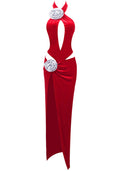 Halter Floral Maxi Velvet Dress Red