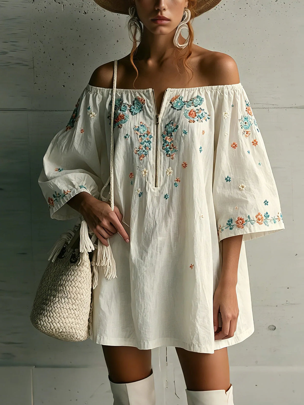 Off White Half Zip Embroidered Cotton Mini Dress