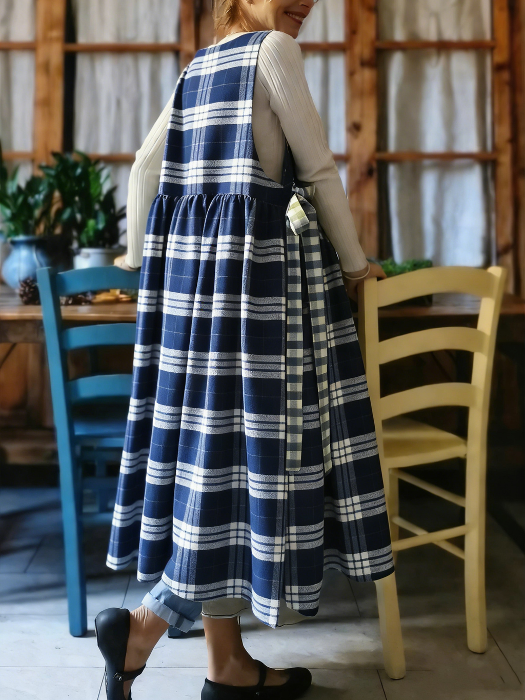 Navy & White Plaid Apron