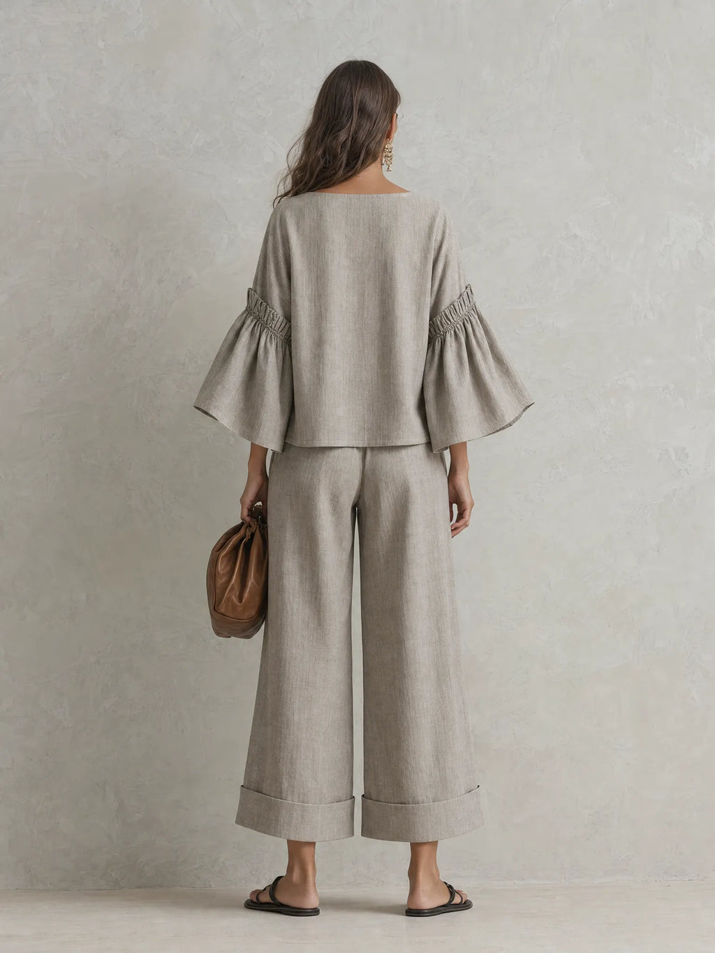 Women's Casual Grey Cotton-linen Long-sleeve Crew-neck Top Paired With Trousers MDZ1602G6LXY