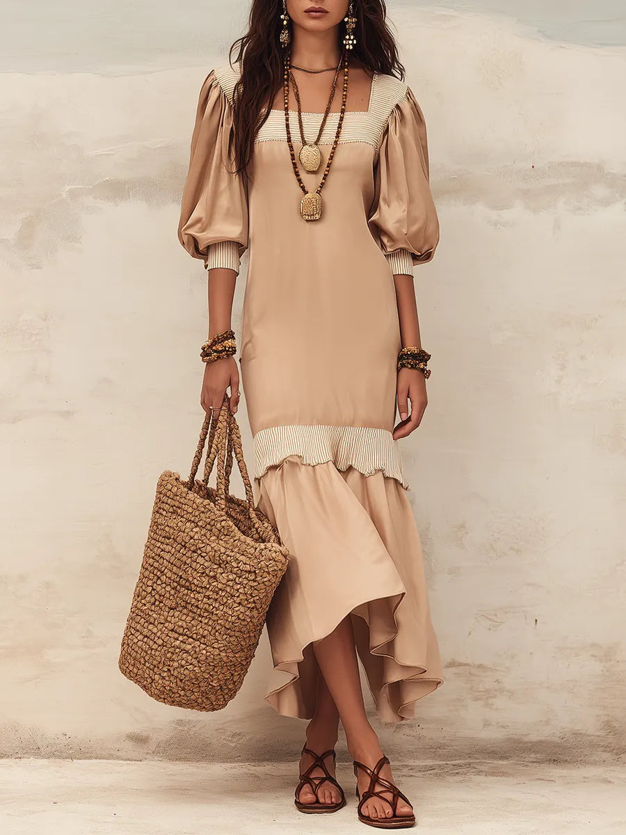 Flowy Nude Ruffled Dress With Puff Sleeves ¡ª An Elegant With Effortless Feminine Style  Maxi Dress