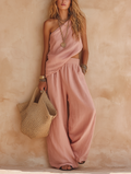 Women's Casual Pink Cotton-Linen One-Shoulder Sleeveless Top And Trousers Set MDZ2308E4LXY