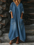 Vintage Washed Oversized Denim Maxi Dress - Loose Fit V-Neck Boho Long Dress with Pockets