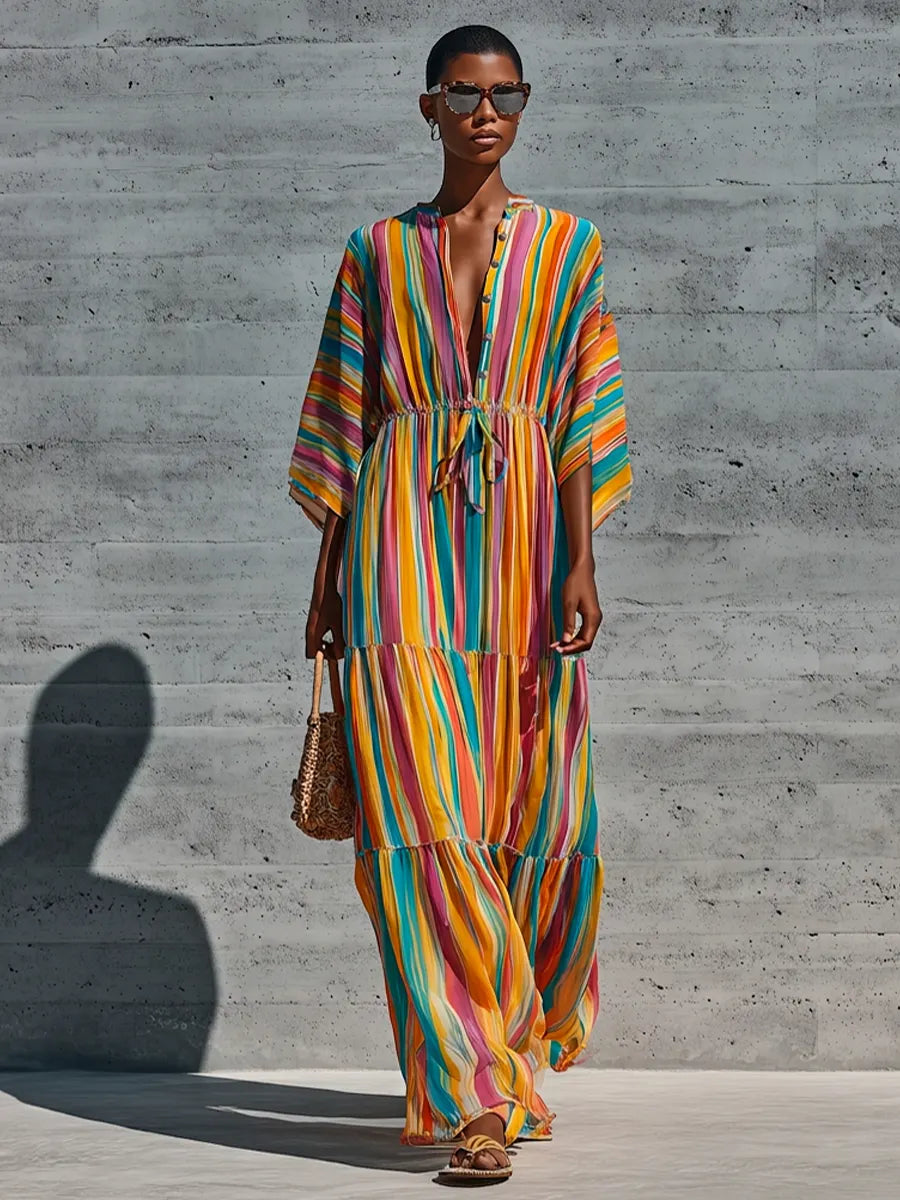 Women’s Rainbow Vertical Stripe Chiffon Stand Collar Half Button Kimono Sleeve Drawstring Waist Tiered Ruffle Maxi Dress MDZ0757G3YZJ
