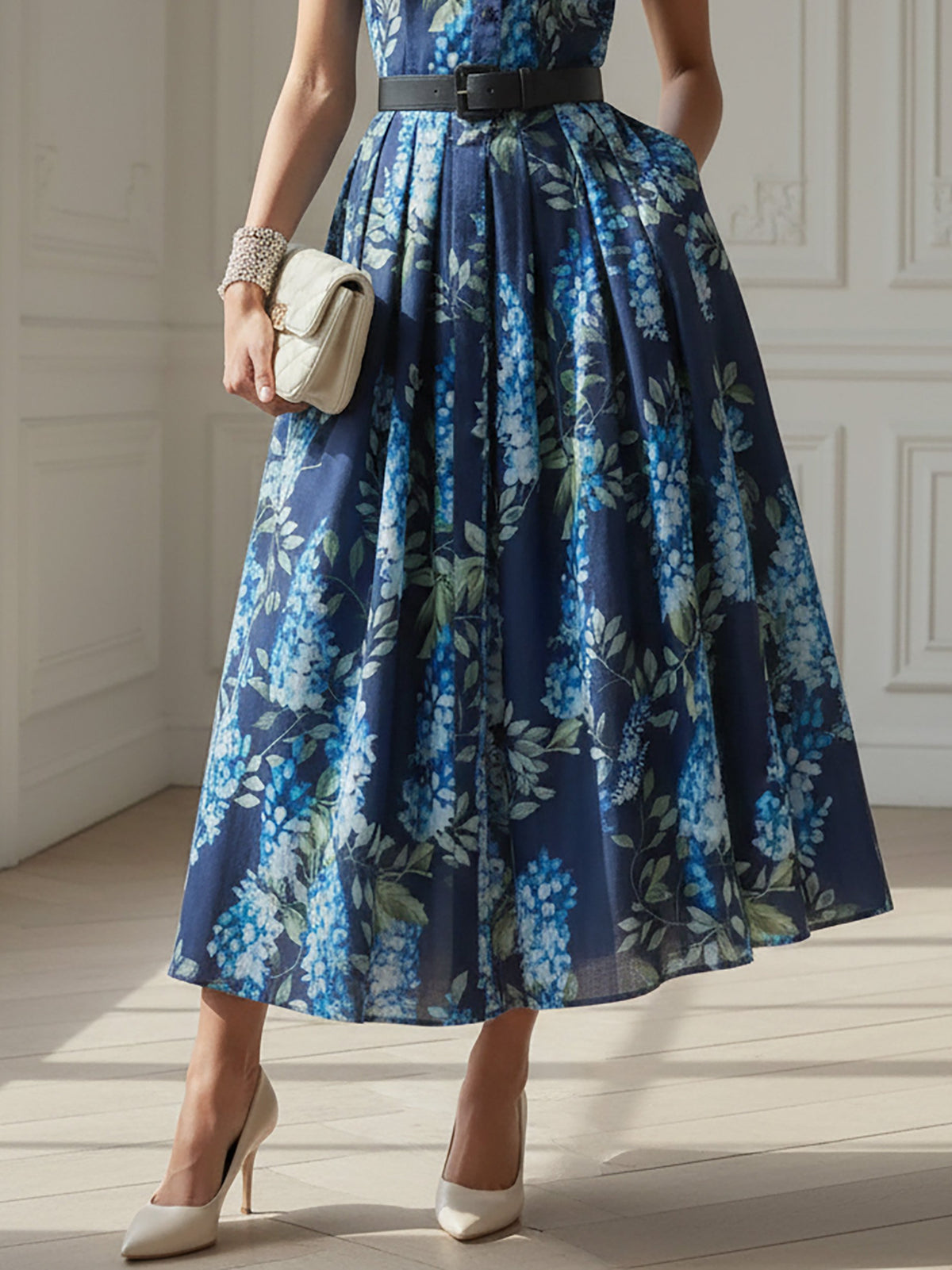Maxi Linen Dress, Cap Sleeves, Shawl Collar, Floral, Button Design, Vacation, Vintage, Blue