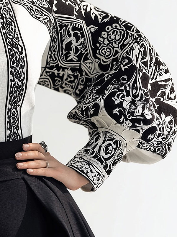 Long Sleeves Loose Contrast Color Flower Print High Neck Blouses&Shirts Tops