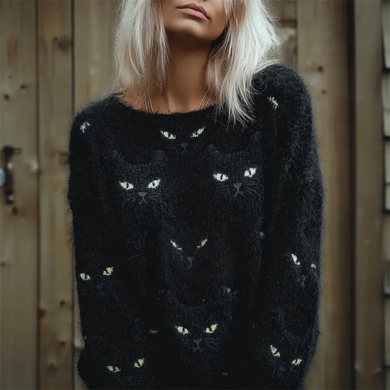 Black Cat Faces Fuzzy Cozy Knit Sweater
