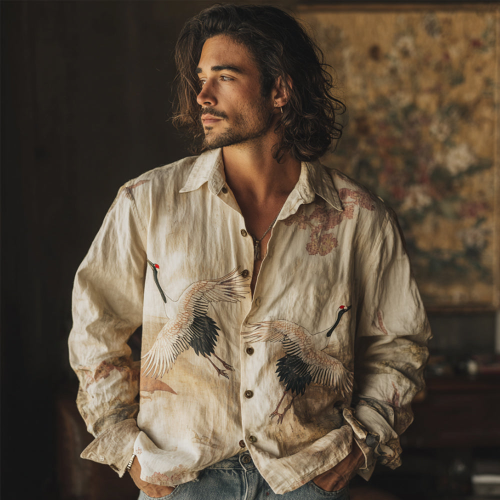 Vintage Japanese Crane Retro Printed Linen And Cotton Collar Shirt