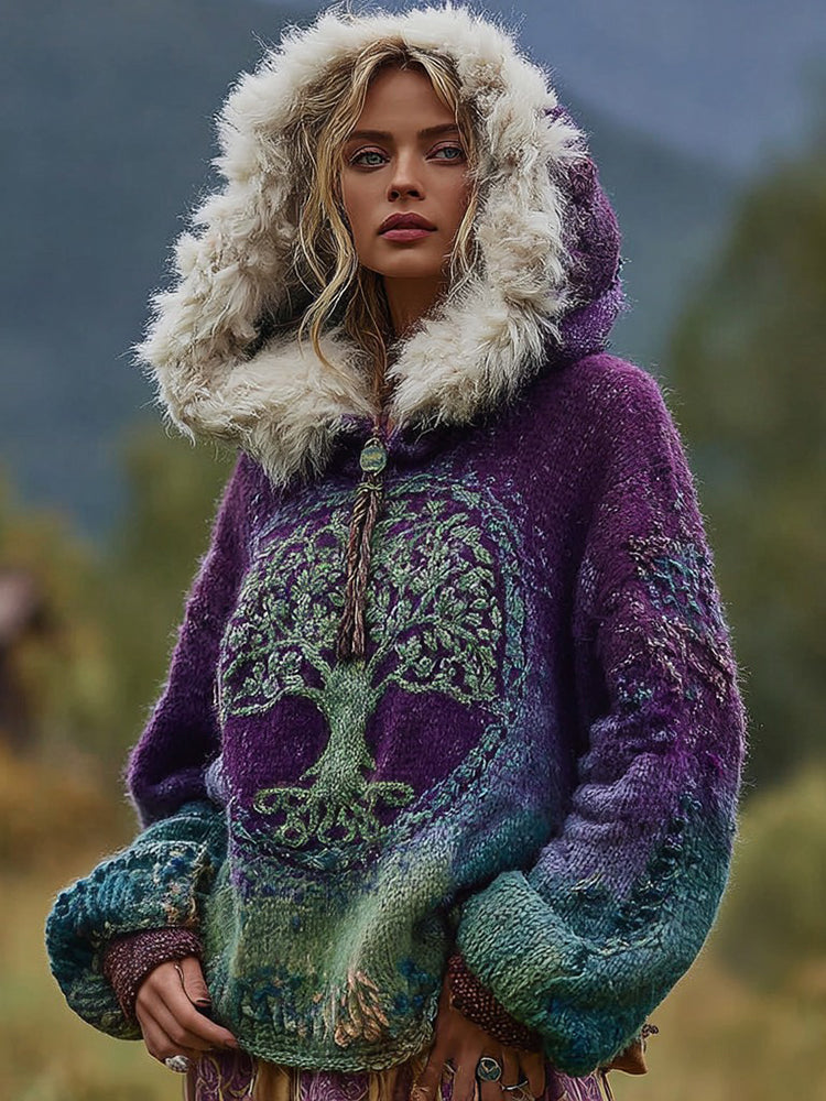 Women's Viking Tree Of Life Gradient Pattern Knit Hooded Sweater