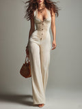 Retro Lace-Trimmed Pleated Straight-Leg Jumpsuit